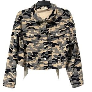 Savanna Jane NWT Large Camouflage Corduroy Fringe Cropped Long Sleeve Button-up